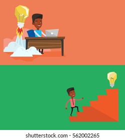 Two business banners with space for text. Vector flat design. Horizontal layout. Businessman working on laptop and idea bulb taking off behind him. Man having business idea. Business idea concept.