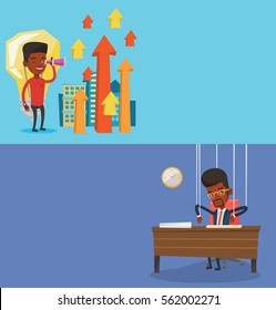 Two business banners with space for text. Vector flat design. Horizontal layout. Businessman marionette hanging on strings like a puppet. Businessman marionette on ropes sitting at the table in office