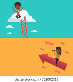 Two business banners with space for text. Vector flat design. Horizontal layout. African woman searching for business opportunities. Young business woman using spyglass for searching of opportunities. - Shutterstock ID 562002313