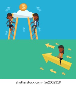 Two business banners with space for text. Vector flat design. Horizontal layout. Businesswoman sitting on arrow going to success. Successful woman flying up on arrow and moving to business success