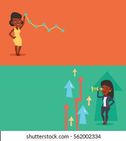 Two business banners with space for text. Vector flat design. Horizontal layout. Woman looking through spyglass on arrows going up symbolizing business opportunities. Business opportunities concept.