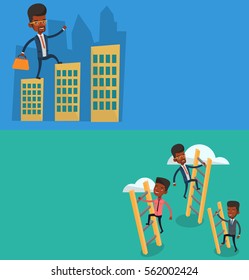 Two business banners with space for text. Vector flat design. Horizontal layout. Businessman walking on roofs of city buildings. Man walking on roofs of skyscrapers. Businessman walking to success.