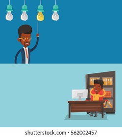 Two business banners with space for text. Vector flat design. Horizontal layout. Satisfied businessman sitting at workplace in the office. Successful businessman relaxing at workplace in the office.