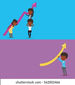 Two business banners with space for text. Vector flat design. Horizontal layout. Business woman holding arrow going up. Successful business woman changing the path of an arrow to a positive increase.