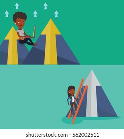 Two business banners with space for text. Vector flat design. Horizontal layout. Business woman working on laptop on the mountain. Business woman sitting on the top of the mountain and using laptop.
