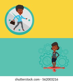 Two business banners with space for text. Vector flat design. Horizontal layout. Busy businesswoman running on the background with clock. Busy businesswoman in a hurry. Deadline and busy time concept.