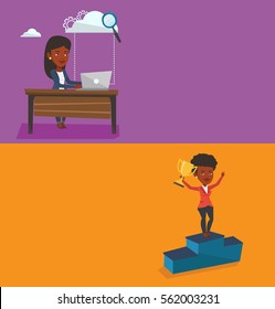 Two business banners with space for text. Vector flat design. Horizontal layout. Businesswoman working on laptop under cloud. Businesswoman using cloud computing technologies. Cloud computing concept.