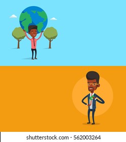 Dos banners comerciales con espacio para el texto. Diseño plano vectorial. Diseño horizontal. Un joven hombre de negocios le pone un soborno en el bolsillo. Empresario escondiendo soborno en el bolsillo de la chaqueta. Concepto de soborno.