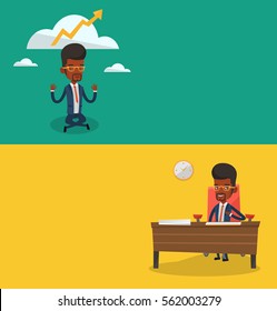 Two business banners with space for text. Vector flat design. Horizontal layout. Businessman signing contract. Woman is about to sign a contract. Confirmation of transaction by signing of contract.