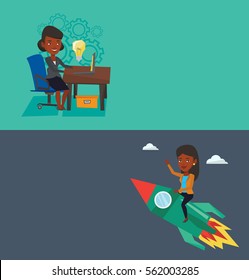 Two business banners with space for text. Vector flat design. Horizontal layout. Businesswoman working on laptop with idea bulb. Businesswoman having business idea. Successful business idea concept.