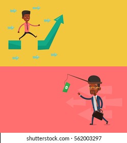 Two business banners with space for text. Vector flat design. Horizontal layout. Money on fishing rod as motivation for man. Man motivated by money hanging on fishing rod. Business motivation concept.