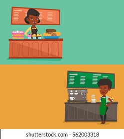 Zwei Business-Banner mit Platz für Text. Vektorflachdesign. Horizontales Layout. Bäckerei bietet Gebäck an. Junge Bäckereiarbeiter stehen hinter dem Tresen mit Kuchen. Frauen, die in der Bäckerei arbeiten.