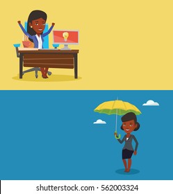 Zwei Business-Banner mit Platz für Text. Vektorflachdesign. Horizontales Layout. Afroamerikanischer Versicherungsvertreter Versicherungsvertreter, der sicher unter dem Regenschirm steht. Konzept der Unternehmensversicherung.