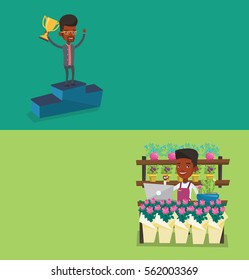 Two business banners with space for text. Vector flat design. Horizontal layout. Successful businessman with business award standing on a pedestal. African businessman celebrating business award.