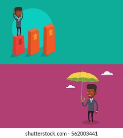 Two business banners with space for text. Vector flat design. Horizontal layout. Frightened bankrupt clutching his head. Young bankrupt standing on chart going down. Concept of business bankruptcy.