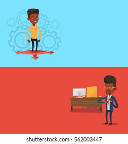 Two business banners with space for text. Vector flat design. Horizontal layout. African businessman thinking between three alternative options. Businessman choosing between three different options.
