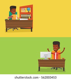 Two business banners with space for text. Vector flat design. Horizontal layout. Office worker working with documents. Office worker sitting at the table with documents. Manager inspecting documents.