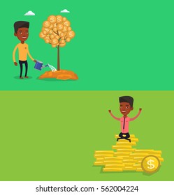 Two business banners with space for text. Vector flat design. Horizontal layout. Man watering a financial tree. Businessman investing in future financial safety. Businessman taking care of finances.