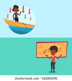 Dos banners comerciales con espacio para el texto. Diseño plano vectorial. Diseño horizontal. Bancrupt sobre el fondo de la tabla decreciente. Una mujer de negocios, bancrot, está parada con brazos extendidos.
