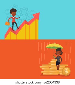 Dois banners comerciais com espaço para texto. Design plano vetorial. Layout horizontal. Empresária de pé no gráfico de lucro. Empresária correndo ao longo do gráfico de lucro. Conceito de lucro empresarial.