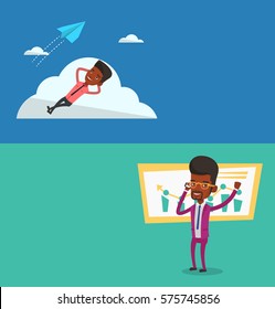 Two business banners with space for text. Vector flat design. Horizontal layout. Young businessman lying on a cloud and looking at flying paper plane. Business man relaxing on a cloud.