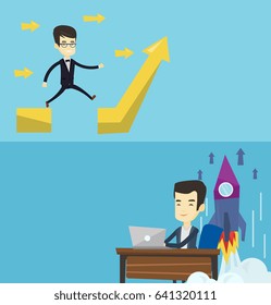 Dos banners comerciales con espacio para el texto. Diseño plano vectorial. Diseño horizontal. Empresario enfrentando obstáculos de negocios. Los empresarios asiáticos exitosos enfrentan exitosamente obstáculos comerciales.