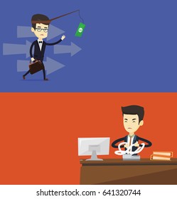 Two business banners with space for text. Vector flat design. Horizontal layout. Money on fishing rod as motivation for business man. Asian business man motivated by money hanging on fishing rod.