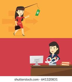 Dos banners comerciales con espacio para el texto. Diseño plano vectorial. Diseño horizontal. Mujer de negocios asiática enfurecida sentada en el cargo y que llora furiosamente facturas. Mujer de negocios enojada calculando cuentas.