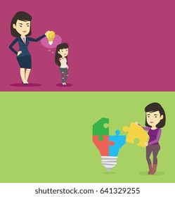 Dos banners comerciales con espacio para el texto. Diseño plano vectorial. Diseño horizontal. Mujer de negocios asiática dando idea a su pareja. Mujer joven empresaria sosteniendo una bombilla de ideas sobre la cabeza de su colegio