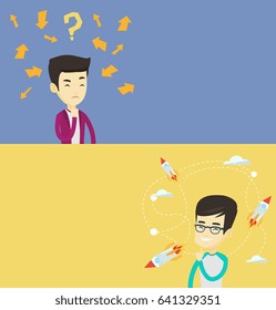 Two business banners with space for text. Vector flat design. Horizontal layout. Business man standing under question mark and arrows. Thoughtful business man surrounded by question mark and arrows.