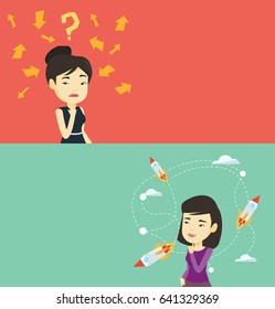 Two business banners with space for text. Vector flat design. Horizontal layout. Asian business woman looking at flying start up rockets. Businesswoman came up with an idea for a business start up.