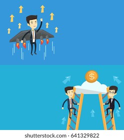 Dos banners comerciales con espacio para el texto. Diseño plano vectorial. Diseño horizontal. Joven empresario exitoso volando en el cohete de inicio de negocios. Hombre de negocios asiático volando con mochila de chorro.