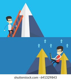 Dos banners comerciales con espacio para el texto. Diseño plano vectorial. Diseño horizontal. Empresario subiendo la escalera. Hombre de negocios asiático trepando a la montaña. Empresario subiendo a la parte superior de la flecha.