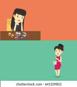 Two business banners with space for text. Vector flat design. Horizontal layout. Young asian sad business woman cutting plastic card. Upset business woman sitting at the desk with cut plastic card.