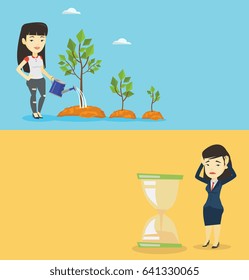 Two business banners with space for text. Vector flat design. Horizontal layout. Business woman looking at hourglass symbolizing deadline. Business woman worrying about deadline term. Deadline concept