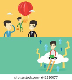 Two business banners with space for text. Vector flat design. Horizontal layout. Asian business man sitting on a cloud and working on a laptop. Young business man using cloud computing technology.