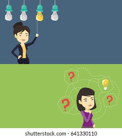 Zwei Business-Banner mit Platz für Text. Vektorflachdesign. Horizontales Layout. Asiatische Geschäftsfrau schaltet hängende Ideenlampe ein. Geschäftsfrau, die einen Lichtschalter zieht. Konzept der Geschäftsidee