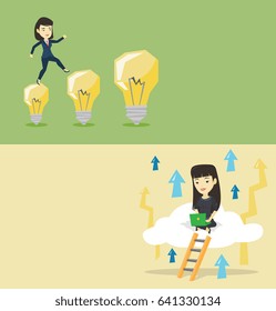 Two business banners with space for text. Vector flat design. Horizontal layout. Smiling asian business woman hopping onto idea bulbs. Business woman jumping on idea bulbs. Concept of business idea.