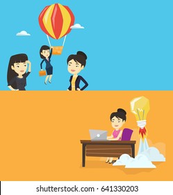 Two business banners with space for text. Vector flat design. Horizontal layout. Two employees looking at their successful colleague. Worker flying away in balloon from her less successful colleagues.