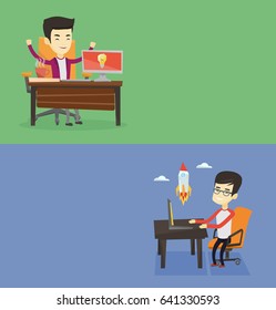 Dos banners comerciales con espacio para el texto. Diseño plano vectorial. Diseño horizontal. Empresario con idea de negocios. Empresario trabajando en una computadora con bombilla de ideas en una pantalla. Concepto de idea de negocio.