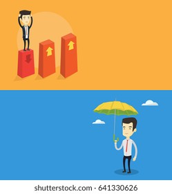 Two business banners with space for text. Vector flat design. Horizontal layout. Frightened bankrupt clutching head. Young asian bankrupt standing on chart going down. Concept of business bankruptcy.