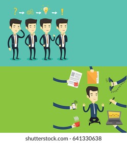 Dos banners comerciales con espacio para el texto. Diseño plano vectorial. Diseño horizontal. Joven empresario meditando en la posición del loto del yoga. Empresario haciendo yoga. Hombre rodeado de manos con cosas de oficina