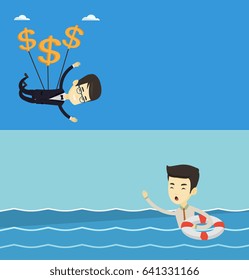 Two business banners with space for text. Vector flat design. Horizontal layout. Businessman flying with dollar signs. Businessman gliding in sky with dollars. Businessman using dollars as parachute.