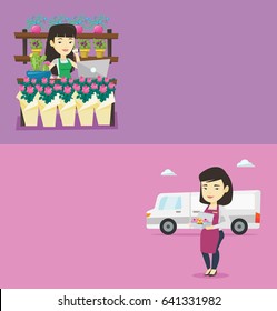 Dos banners comerciales con espacio para el texto. Diseño plano vectorial. Diseño horizontal. Un joven mensajero sostiene una caja de pasteles. Panadero asiático de pie con quequitos al fondo del camión de reparto.