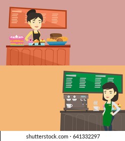 Two business banners with space for text. Vector flat design. Horizontal layout. Young asian barista sanding in front of coffee machine. Barista standing at coffee shop. Barista making cup of coffee.