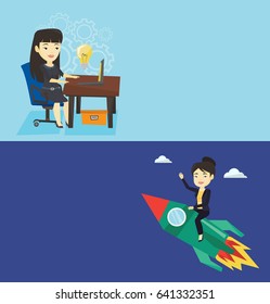 Two business banners with space for text. Vector flat design. Horizontal layout. Businesswoman flying on business start up rocket. Asian business woman sitting on business start up rocket and waving.