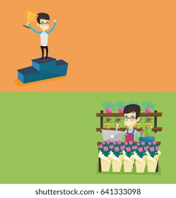 Dois banners comerciais com espaço para texto. Design plano vetorial. Layout horizontal. Proprietário asiático de loja de flores usando telefone e laptop para fazer a ordem. Jovem proprietário de loja de flores em pé atrás do balcão