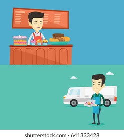 Dos banners comerciales con espacio para el texto. Diseño plano vectorial. Diseño horizontal. Trabajador de panadería que ofrece pasteles diferentes. Trabajador de panadería parado detrás del mostrador. Baker trabajando en la panadería.