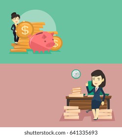 Two business banners with space for text. Vector flat design. Horizontal layout. Young asian business woman standing in office and pointing at time on clock. Concept of time management and deadline.