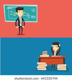 Two business banners with space for text. Vector flat design. Horizontal layout. Bankrupt business man showing his empty pockets. Bankrupt turning his empty pockets inside out. Bankruptcy concept.